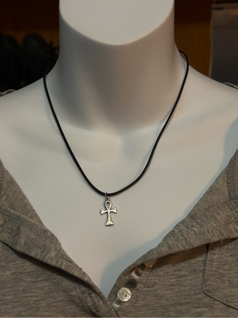 Silver Ankh Pendant Necklace on Black Cord - Women Jewelry